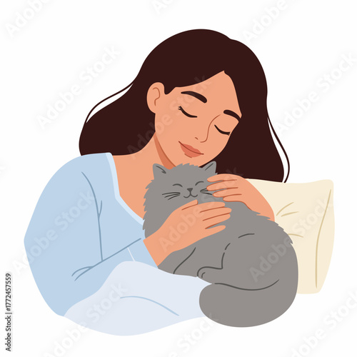 Flat Character Illustration of a Woman Embracing a Gray Cat Indoor