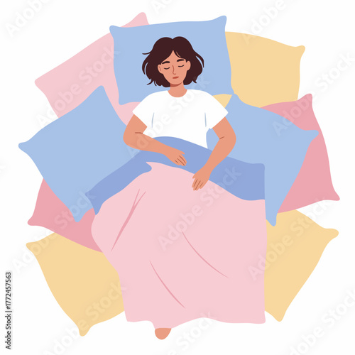Simple Flat Lay Woman Sleeping Relaxing in Bed Illustration