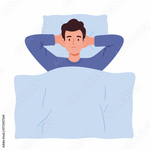 Flat Illustration Man Relaxing in Bed with Arms Behind Head