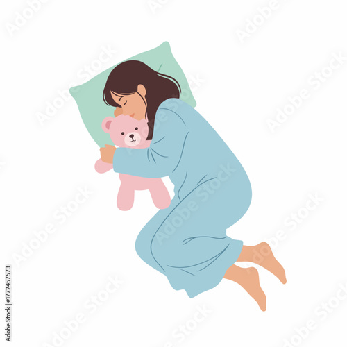Flat Illustration Young Woman Sleeping Peacefully with Teddy Bear