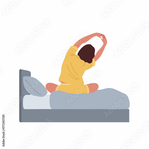 Minimalist Flat Illustration Woman Stretching Arms on Bed in the Morning Routine