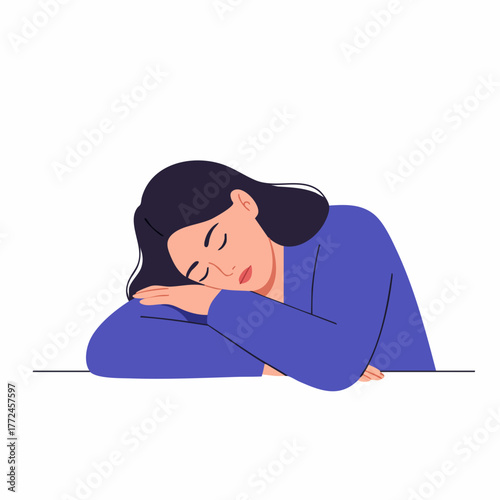 Flat Style Detailed Woman Sleeping on Desk Exhaustion Illustration