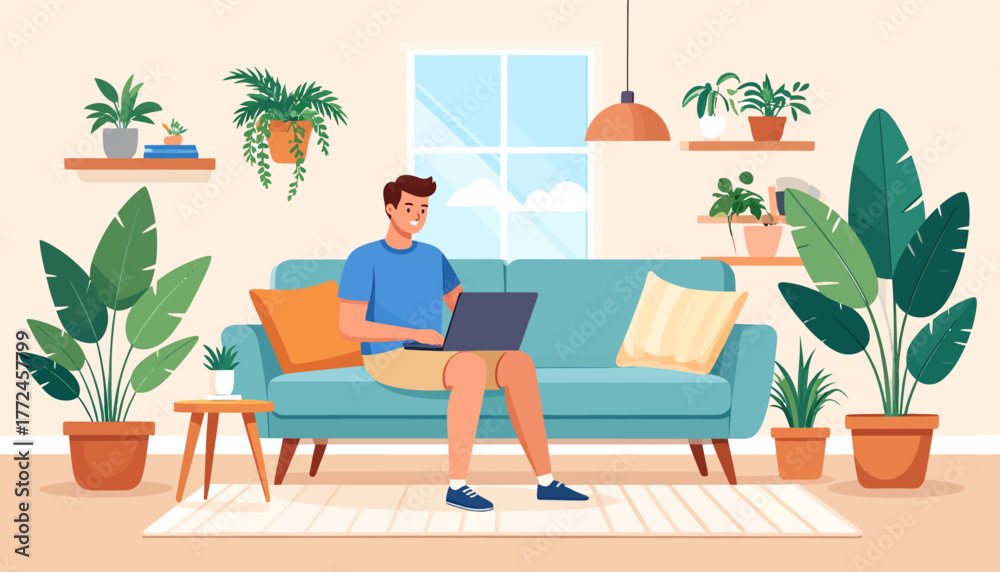 Fototapeta premium Young man enjoying the flexibility of remote work, sitting comfortably on a sofa with his laptop in a stylish, plant-filled living room, embracing the work from anywhere lifestyle