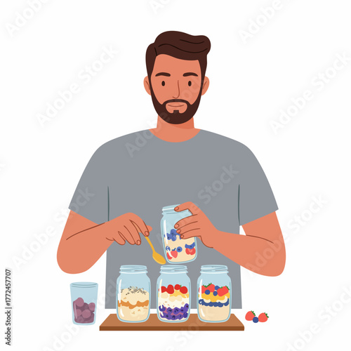 Modern Flat Illustration Man Preparing Breakfast with Yogurt in Jar