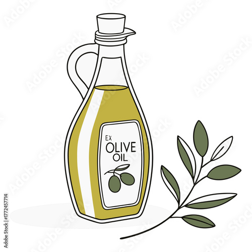 Cartoon illustration of a bottle of extra virgin olive oil with an olive branch Keywords: olive oil, bottle, extra virgin, oil, liquid, food, cooking, ingredient, healthy, Mediterranean, plant