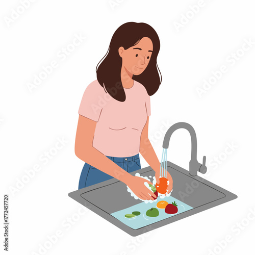 Flat Style Woman Washing Fresh Vegetables in Kitchen Sink Illustration