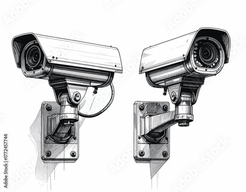 Detailed monochrome illustration of two surveillance cameras, ideal for security and monitoring projects
