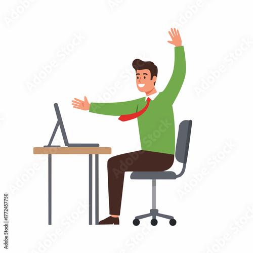 Flat Illustration Office Worker Stretching Arms in Chair Computer Lifestyle
