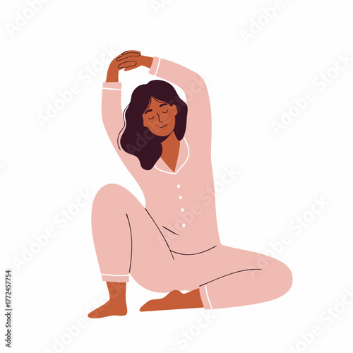 Flat Illustration of Calm Woman Stretching While Sitting on Floor in Pajamas