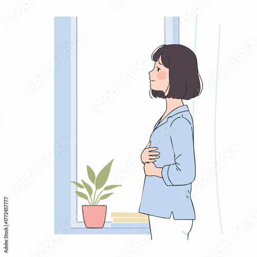 Soft Color Handdrawn Woman Looking Out the Window Illustration