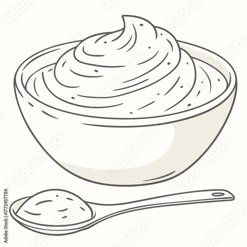 Cartoon illustration of a bowl of whipped cream or frosting with a spoon Keywords: cream, whipped, frosting, dessert, sweet, food, dairy, topping, bowl, spoon, cooking, baking, confection