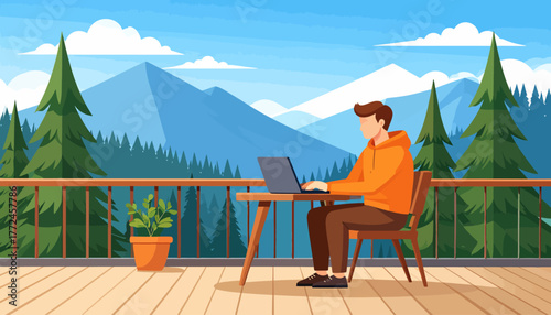 Achieve balance with remote work from a mountain retreat; a man enjoys work from anywhere on his laptop, surrounded by serene nature and breathtaking views