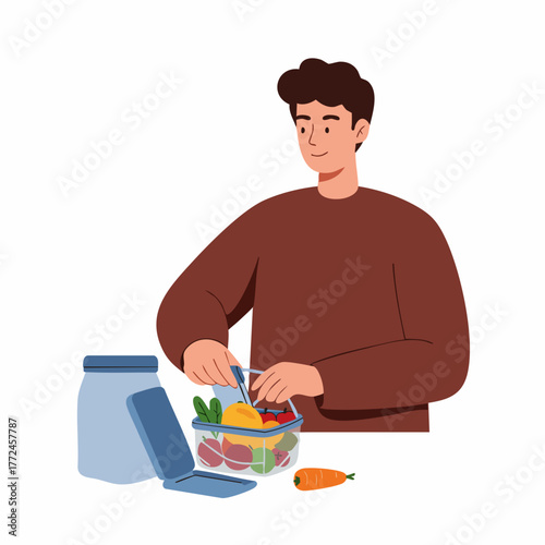 Modern Flat Illustration Man Preparing Healthy Food Meal Preparation at Home
