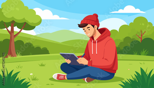 Work from anywhere Remote work, young man using a tablet outdoors in a park environment, lifestyle concept