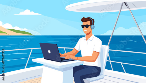 Enjoy Remote Work From Anywhere Business Person Working on a Yacht with Laptop, Work-Life Balance Focus