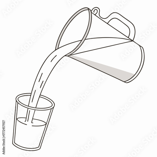 Cartoon illustration of water being poured from a pitcher into a glass Keywords: water, pouring, pitcher, glass, drink, beverage, liquid, refreshment, hydration, clear, clean, cooking, kitchen