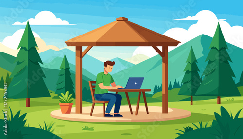 Work from anywhere Remote work in nature, an idyllic outdoor office setup with a gazebo and laptop, perfect for digital nomads