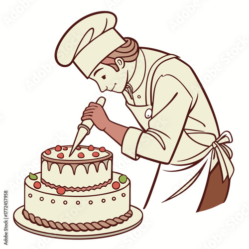 Chef decorating a two-tiered cake with a piping bag and berries Keywords: chef, cake, decorating, piping bag, pastry, baking, dessert, sweet, food, cooking, confectioner, celebration, wedding