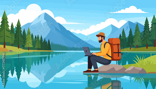 Work from anywhere, embracing remote work freedom. A digital nomad finds productivity and peace by a serene lake, surrounded by majestic mountains and lush forests