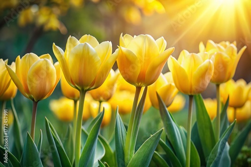 Bright Yellow Tulips with White Tips, Early Spring Bloom, Garden Flowers