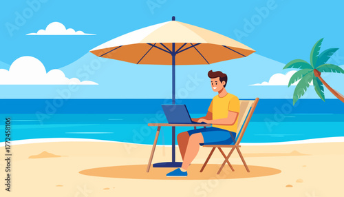 A freelancer enjoys the digital nomad lifestyle with remote work, showcasing the ability to work from anywhere in this beach scene illustration