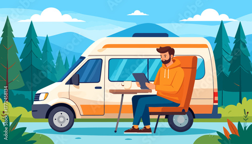 Work from anywhere Remote work lifestyle with laptop and camper van in scenic nature setting