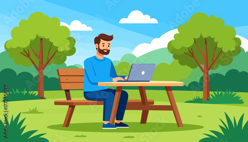 Work from anywhere A man performs remote work on his laptop in a park. This illustrates freedom and modern flexible productivity in nature, embracing a balanced lifestyle