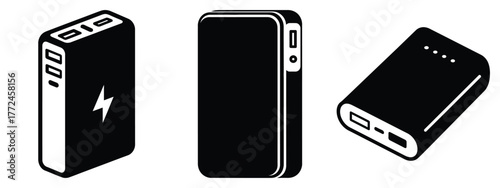 power bank minimal icon set, black color and white background