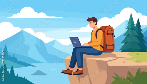 Work from anywhere Remote work lifestyle of a digital nomad, working outdoors with a laptop in nature