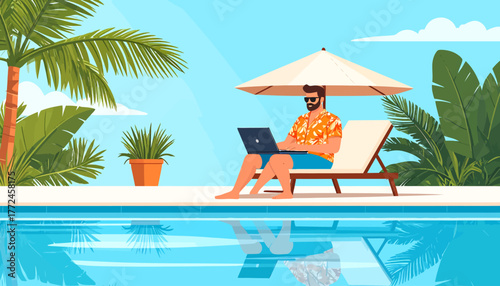 A digital nomad enjoying the freedom of remote work from anywhere, relaxing by a tropical pool with a laptop