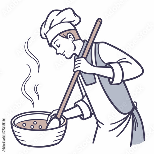Chef stirring food in bowl with wooden spoon steam rising Keywords: chef, cooking, stirring, bowl, food, meal, preparation, kitchen, culinary, steam, heat, liquid, sauce, soup, stew, wooden spoon