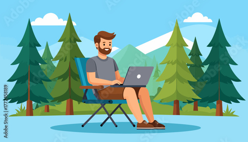 Work from anywhere Remote work lifestyle of a man using a laptop outdoors amidst nature and trees
