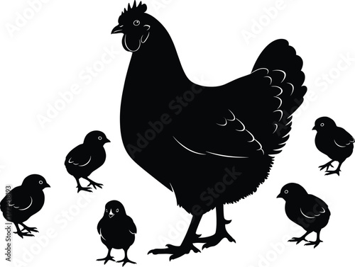 Hen silhouette with chicks, farm animal vector, mother bird illustration, black and white poultry design, minimalist livestock art, countryside theme