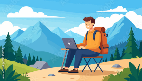 Illustration of a man enjoying remote work and work from anywhere lifestyle while working on his laptop in a serene mountain landscape