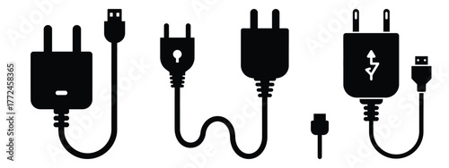 power adapter minimal icon set, black color and white background