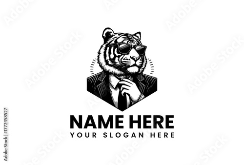 Elegant black and white logo of a tiger in a business suit and sunglasses, a sophisticated and powerful animal mascot for a brand