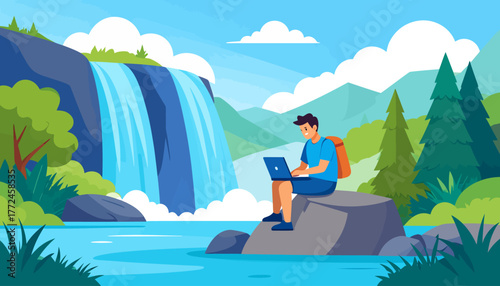 Embracing the digital nomad lifestyle with remote work, a freelancer enjoys the freedom to work from anywhere in a beautiful natural mountain landscape with a waterfall