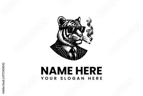 Cool tiger boss mascot in a suit and sunglasses smoking a cigar. Vector illustration for a business logo, brand identity template, or graphic design.eps
