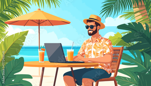 Work from anywhere Enjoy Remote Work with Laptop on Beach with Refreshing Drink