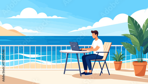 Digital nomad working on a laptop from a scenic seaside balcony, illustrating the concept of remote work and the freedom to work from anywhere