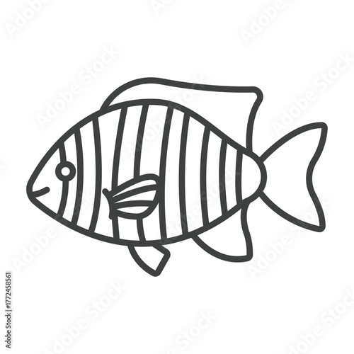A stylized cartoon drawing of a fish with vertical stripes rounded fins and a simple smiling face