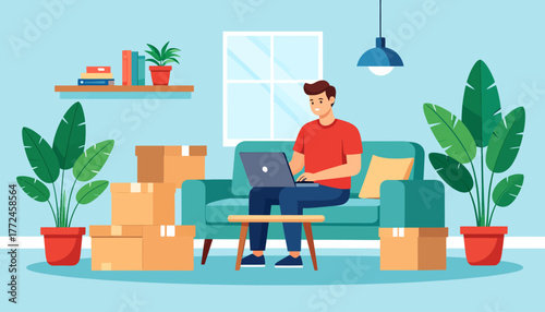 Man working on laptop from home office, representing remote work and work from anywhere lifestyle