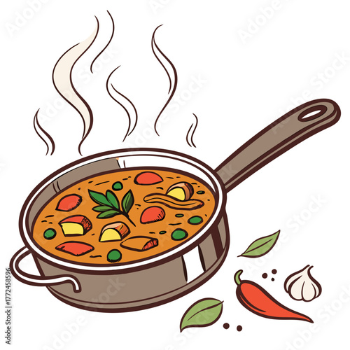 Frying pan filled with steaming curry containing vegetables and meat with chili pepper garlic and leaves on the side Keywords: curry, stew, food, cooking, frying pan, skillet, steaming, hot, meal
