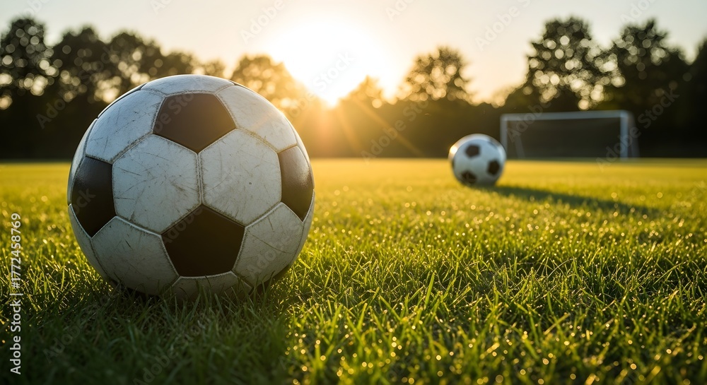 Fototapeta premium Sunlit Soccer Balls on Green Grass at Golden Hour, Symbolizing Energy, Teamwork and Competition