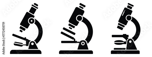 laboratory microscope minimal icon set, black color and white background