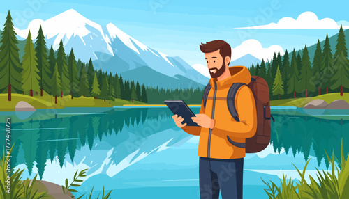 Work from anywhere Remote worker using a tablet by a serene lake with mountain views, representing digital nomadism