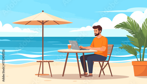 Work from anywhere A man enjoys remote work at the beach with a laptop and coffee