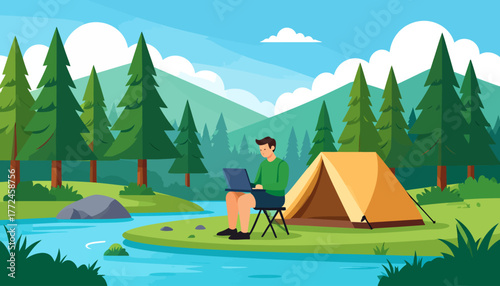 Embrace the freedom of working from anywhere with this stunning remote work illustration in a serene natural setting