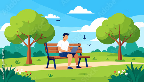 Embracing the work from anywhere culture, a freelancer enjoys the flexibility of remote work on a laptop while sitting on a bench in a serene park