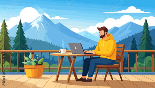 Work from anywhere A man enjoying remote work in a beautiful mountain landscape, embracing the freedom of digital nomadism